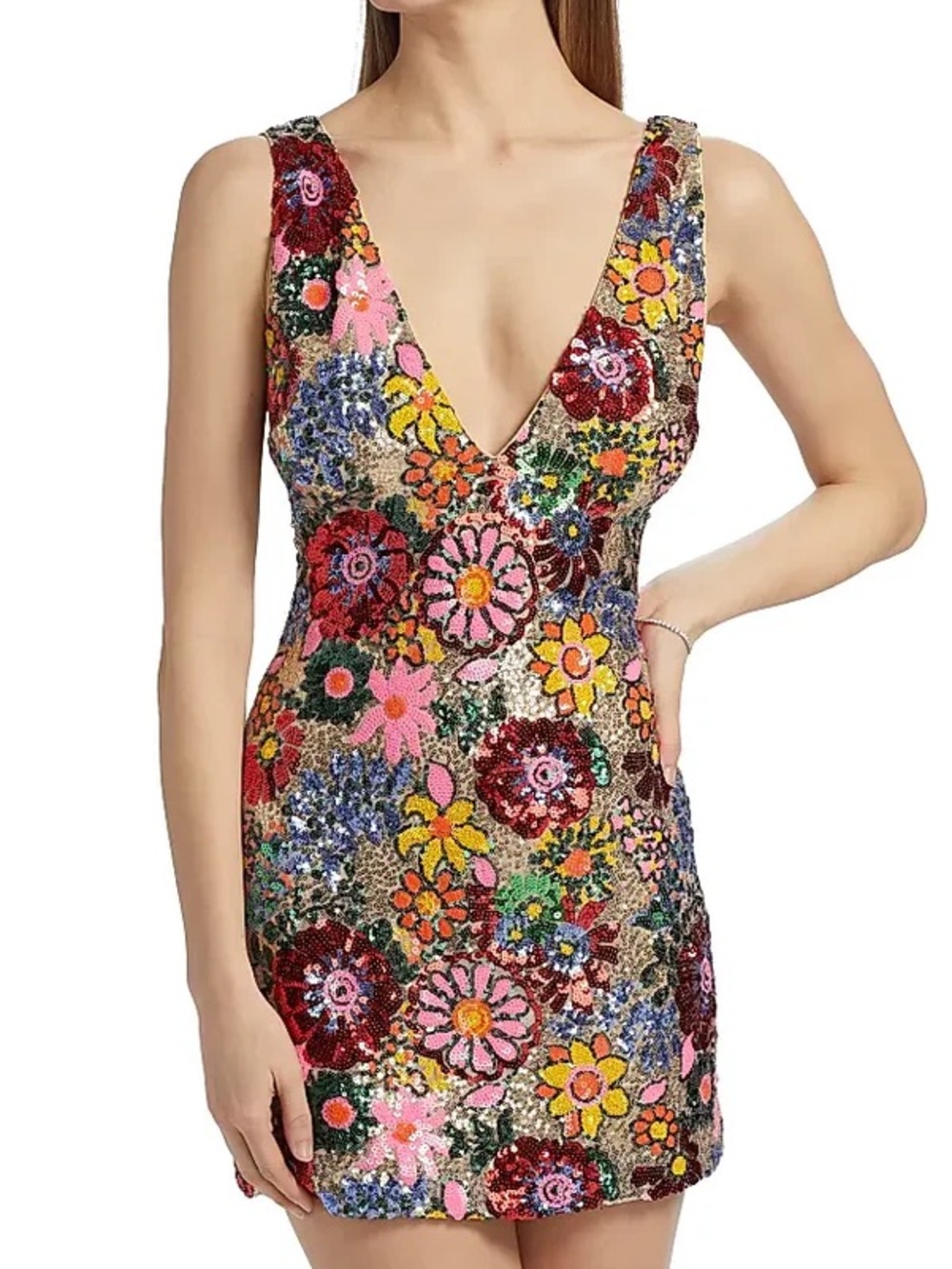 Ramy Brook Aera dress in Flame - Multicolor Floral Sequin V-Neck Mini Dress - Picture 3 of 4